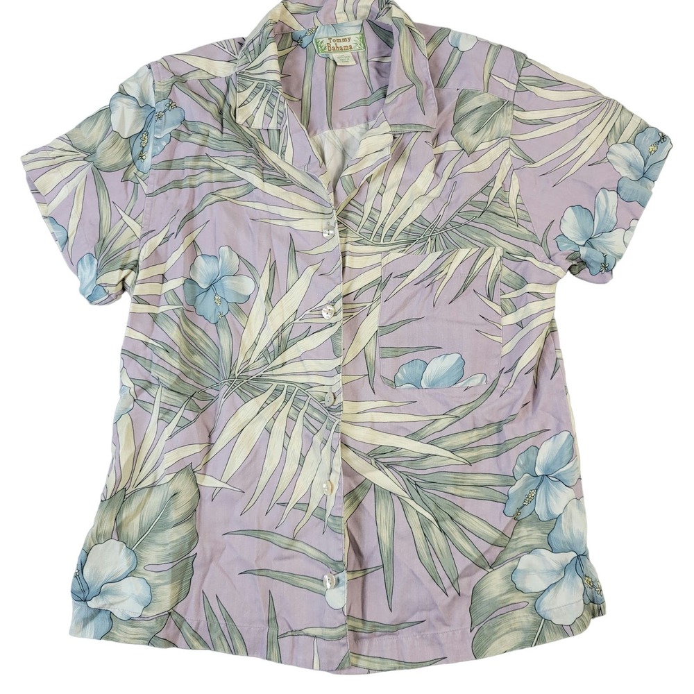 Tommy Bahama 100% Silk Hawaiian Button Shirt Women's Size M Tropical Palm Purple